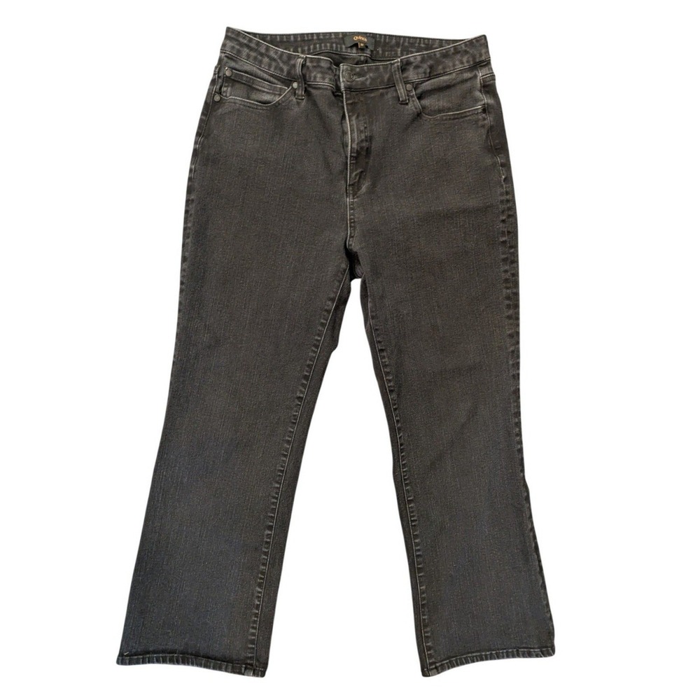 Quince Womens Stretch High Rise Kick Flare Faded Black Jeans Sz 32 Short